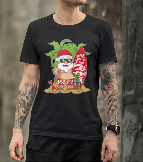 Santa Merry X-Mas Hawaiian Surfing Christmas In July T-Shirt