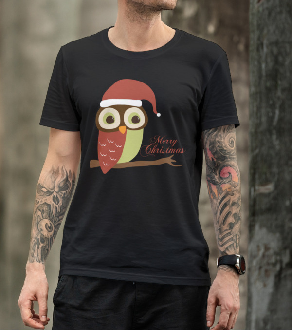 Merry Christmas Owl With Santa Hat T-Shirt