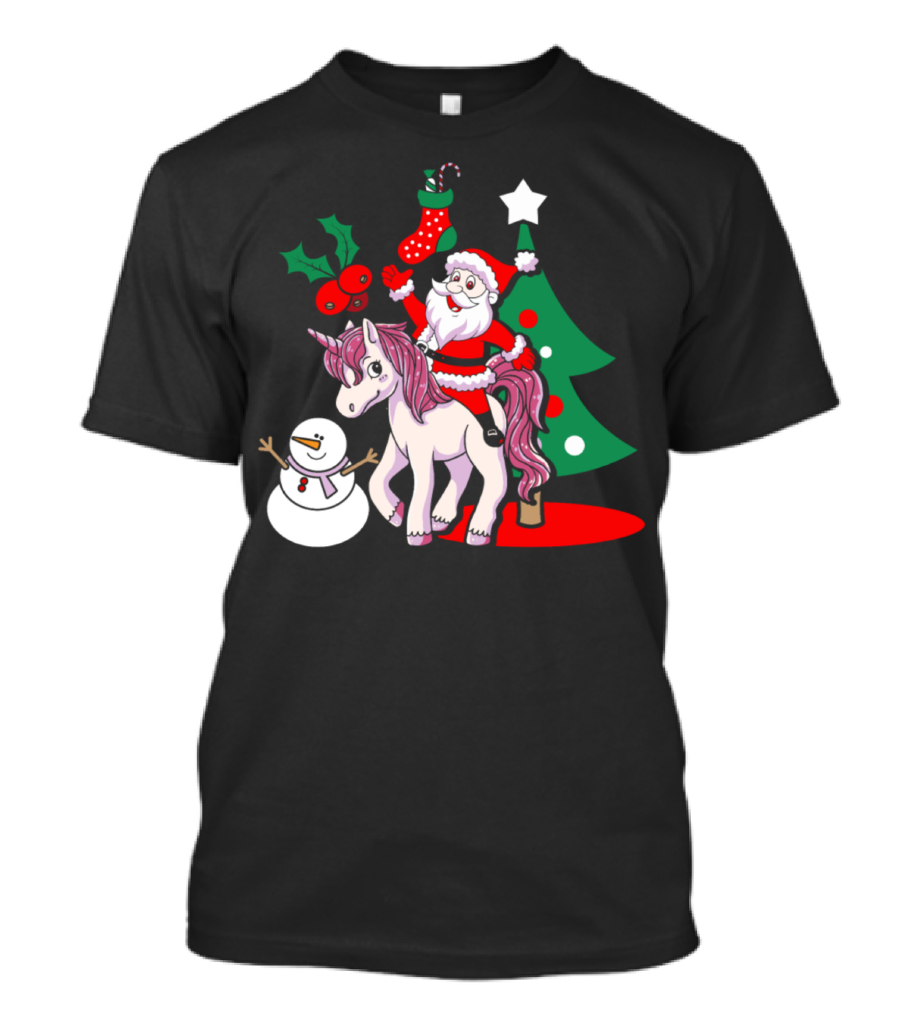 Santa Riding Unicorn Christmas Tree Snowman Stocking Holly T-Shirt