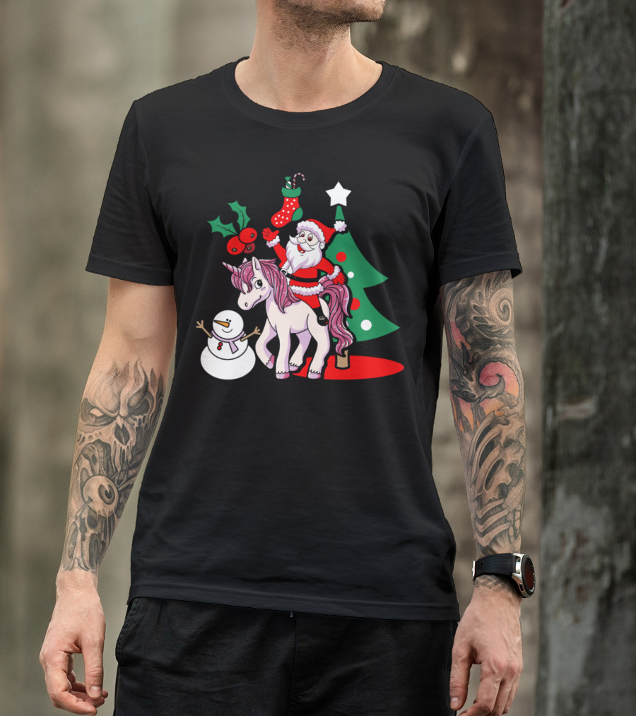 Santa Riding Unicorn Christmas Tree Snowman Stocking Holly T-Shirt