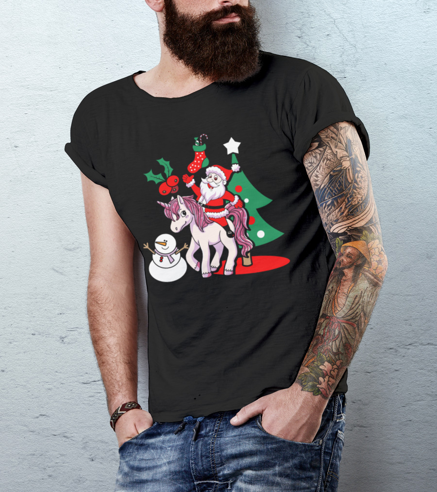 Santa Riding Unicorn Christmas Tree Snowman Stocking Holly T-Shirt