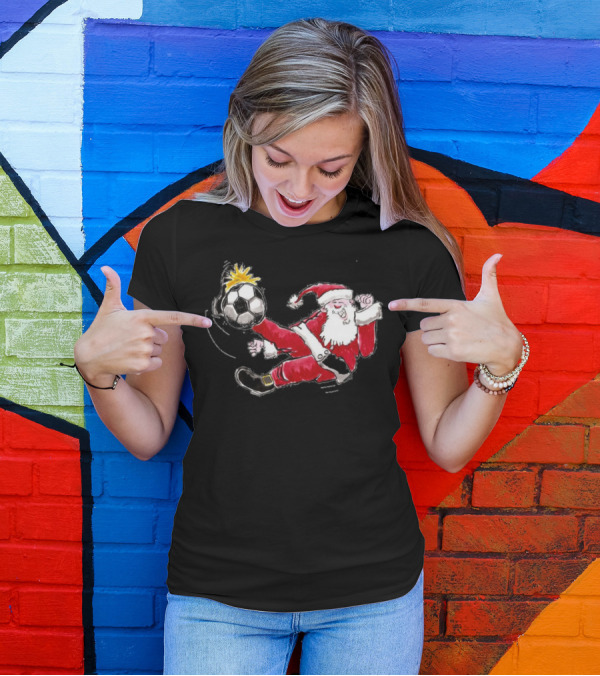 Santa Kicking Soccer Ball In Red Suit T-Shirt
