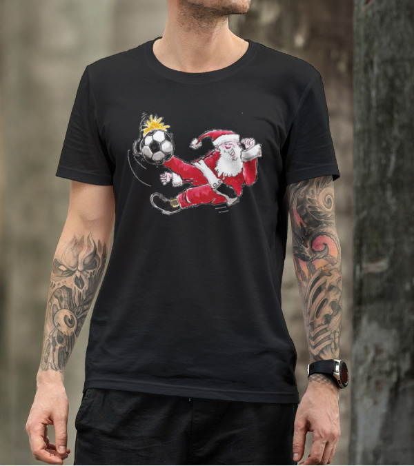 Santa Kicking Soccer Ball In Red Suit T-Shirt