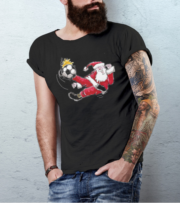 Santa Kicking Soccer Ball In Red Suit T-Shirt