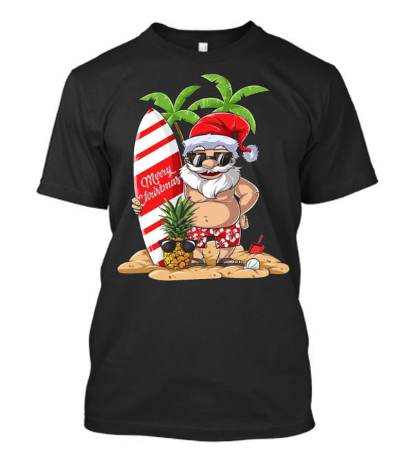 Merry Christmas Santa Surfing On Tropical Beach With Surfboard And Pineapple T-Shirt