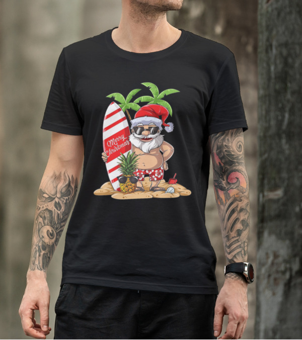 Merry Christmas Santa Surfing On Tropical Beach With Surfboard And Pineapple T-Shirt