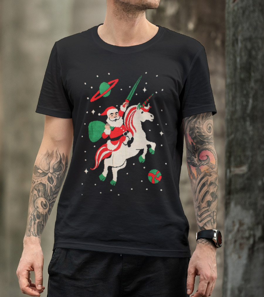 Santa Riding A Unicorn With Cosmic Background T-Shirt