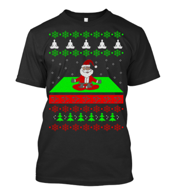 Santa Claus Meditating Yoga Christmas Om Symbols Snowflakes Trees T-Shirt