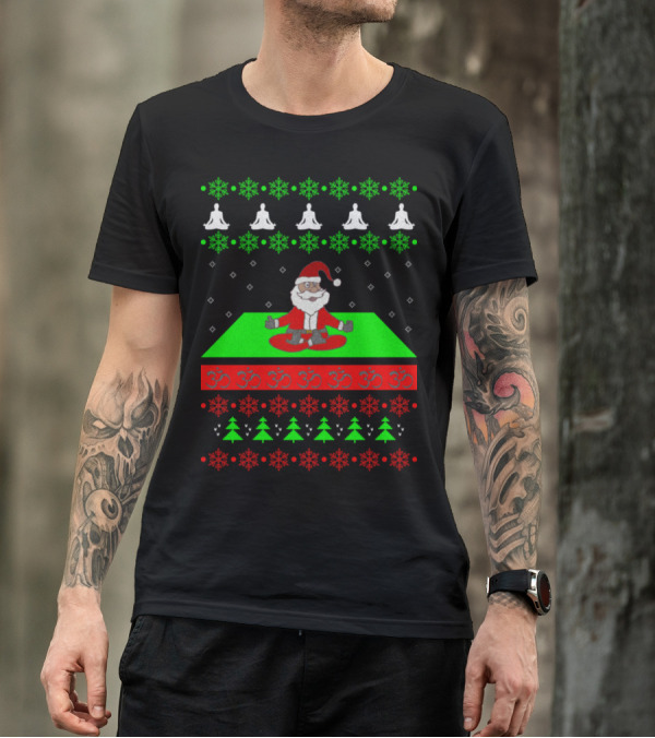 Santa Claus Meditating Yoga Christmas Om Symbols Snowflakes Trees T-Shirt