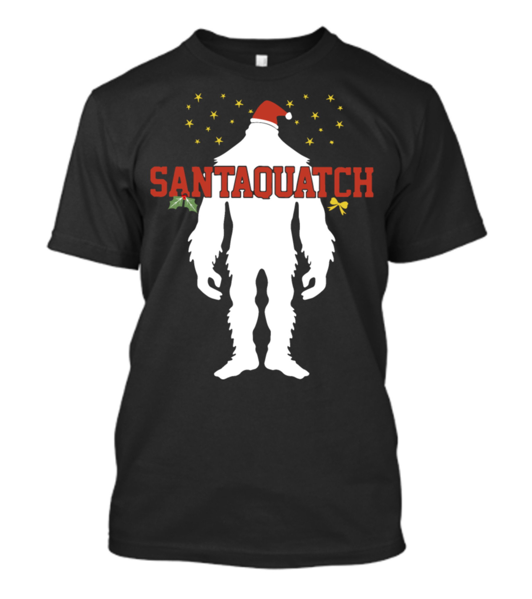 Santaquatch Festive Sasquatch With Santa Hat Holly Stars And Gold Bow T-Shirt