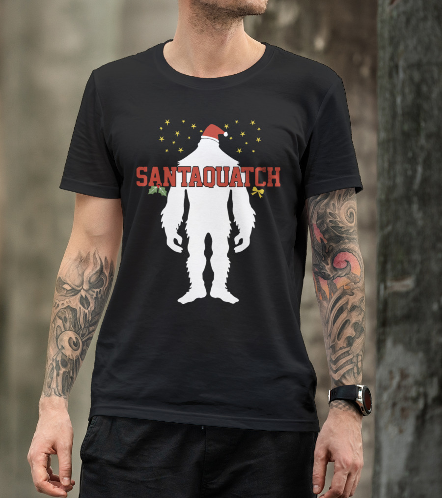 Santaquatch Festive Sasquatch With Santa Hat Holly Stars And Gold Bow T-Shirt