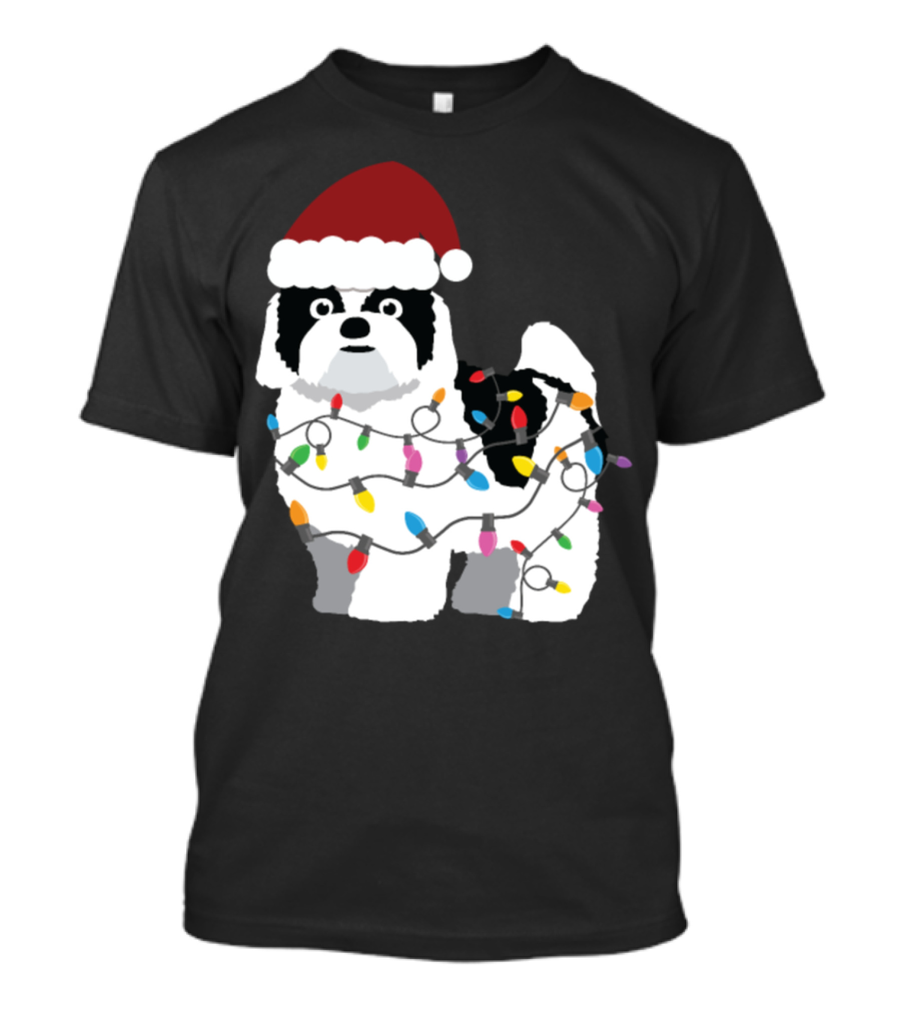 Shih Tzu In Santa Hat Wrapped In Christmas Lights T-Shirt