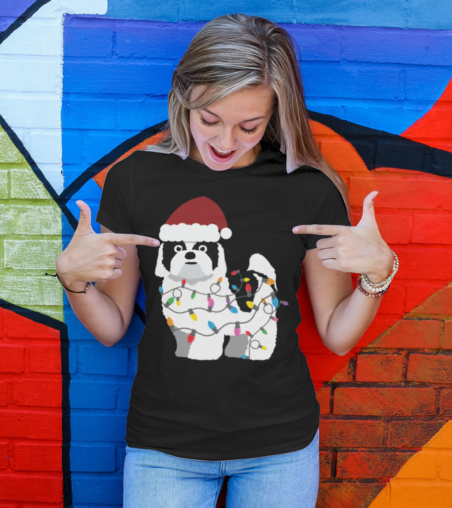 Shih Tzu In Santa Hat Wrapped In Christmas Lights T-Shirt