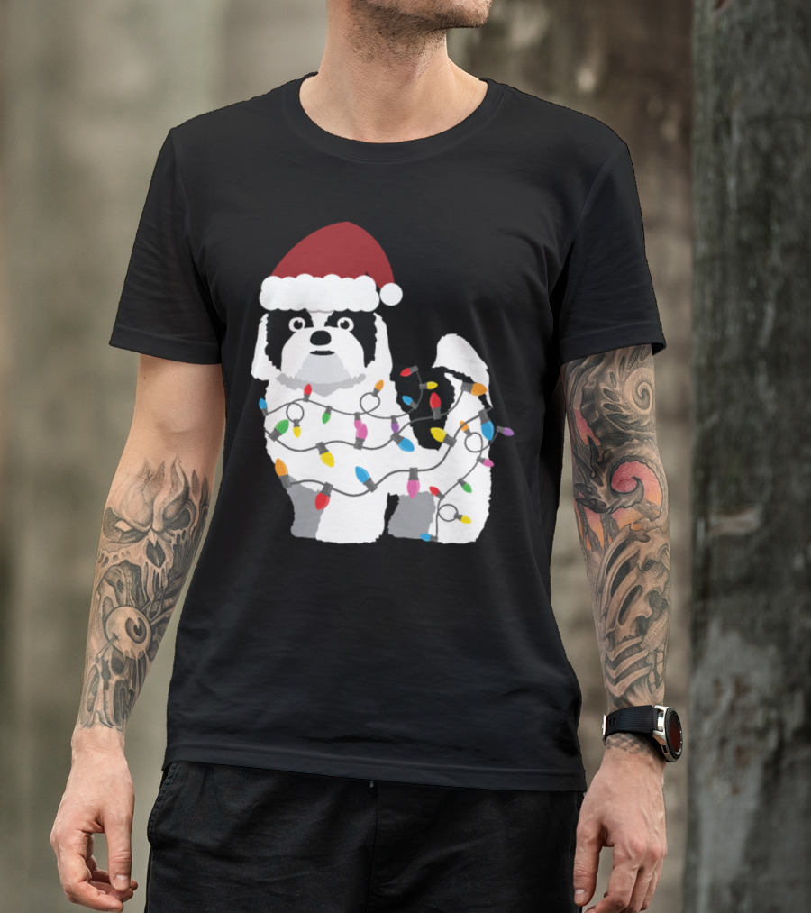 Shih Tzu In Santa Hat Wrapped In Christmas Lights T-Shirt