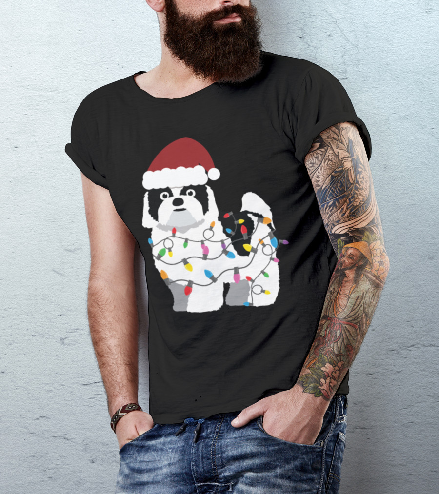 Shih Tzu In Santa Hat Wrapped In Christmas Lights T-Shirt