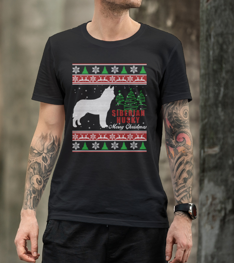 Siberian Husky Merry Christmas With Snowflakes And Christmas Trees T-Shirt