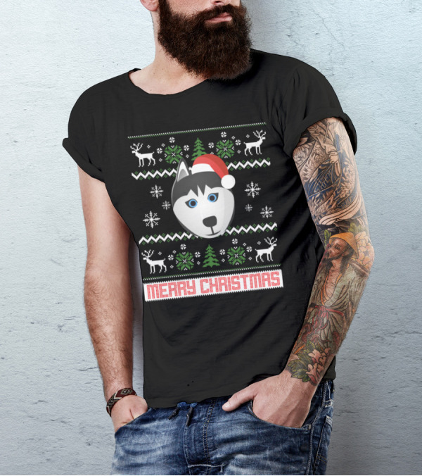 Merry Christmas Siberian Husky Santa Snowflakes Ugly T-Shirt