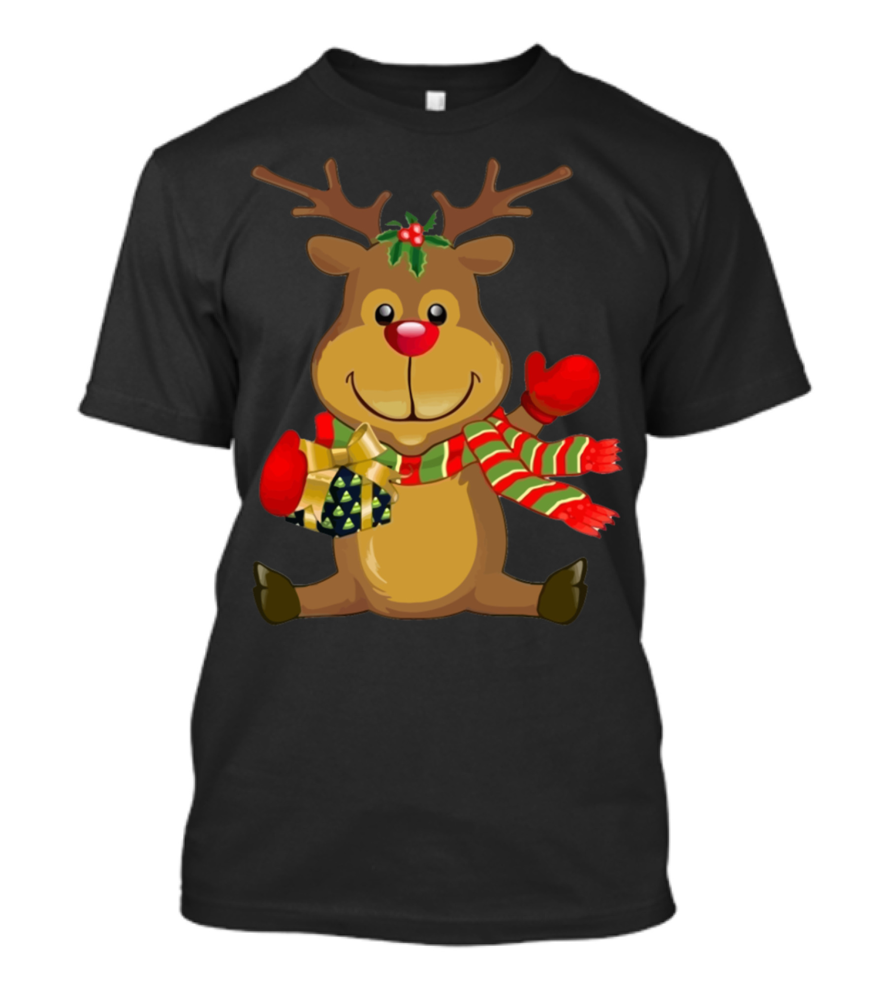 Sitting Reindeer Holding Christmas Package With Striped Scarf And Antlers T-Shirt