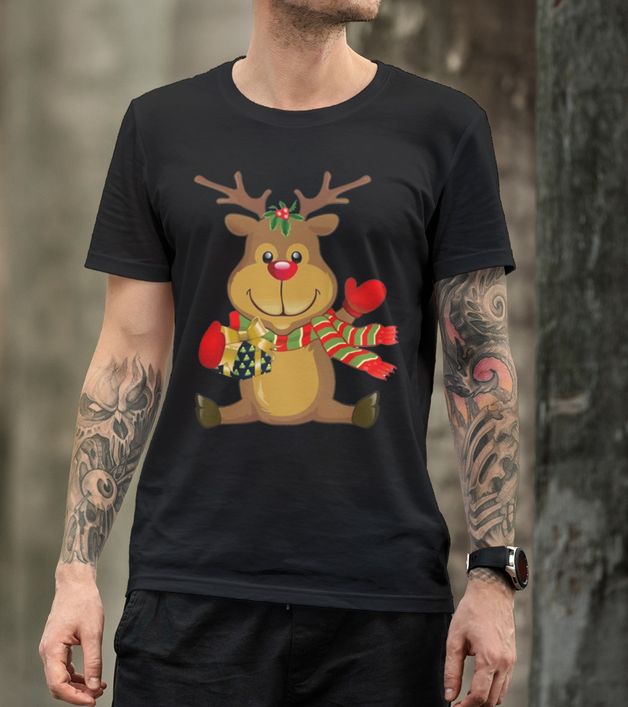 Sitting Reindeer Holding Christmas Package With Striped Scarf And Antlers T-Shirt