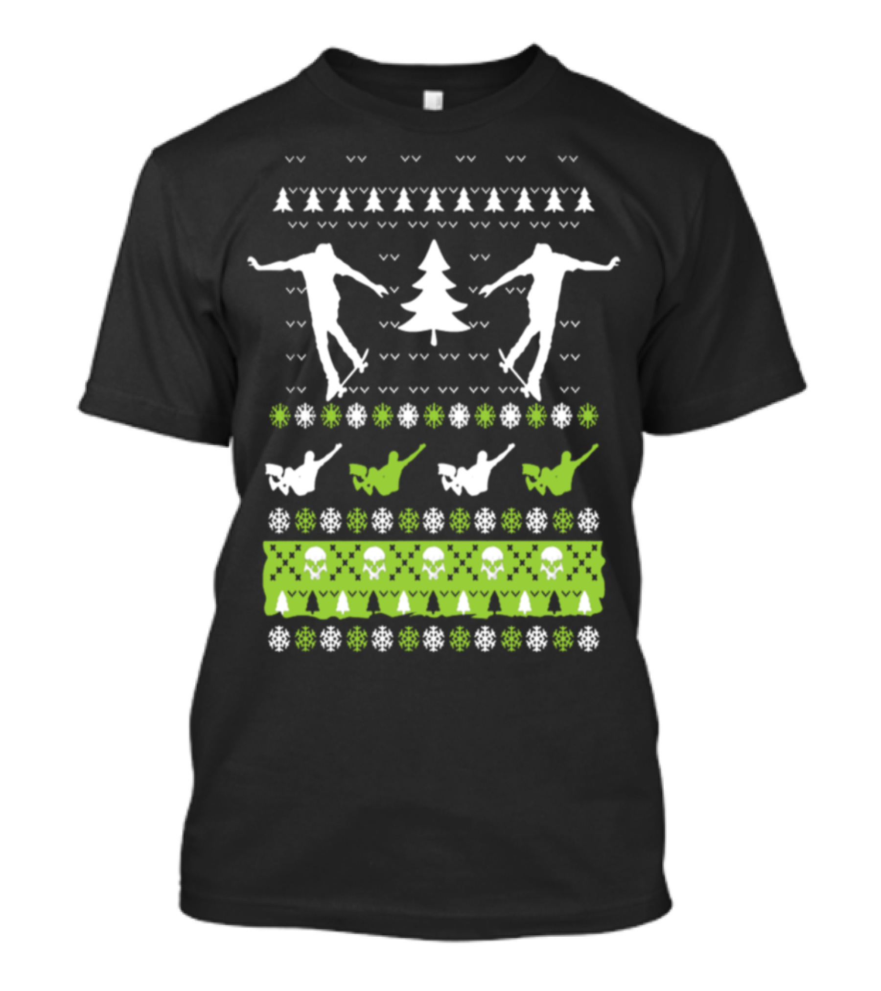 Skateboarding Holiday Sweater Snowflakes Trees T-Shirt