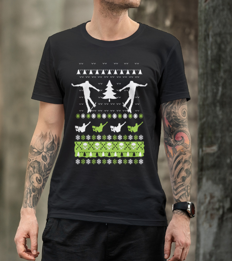 Skateboarding Holiday Sweater Snowflakes Trees T-Shirt