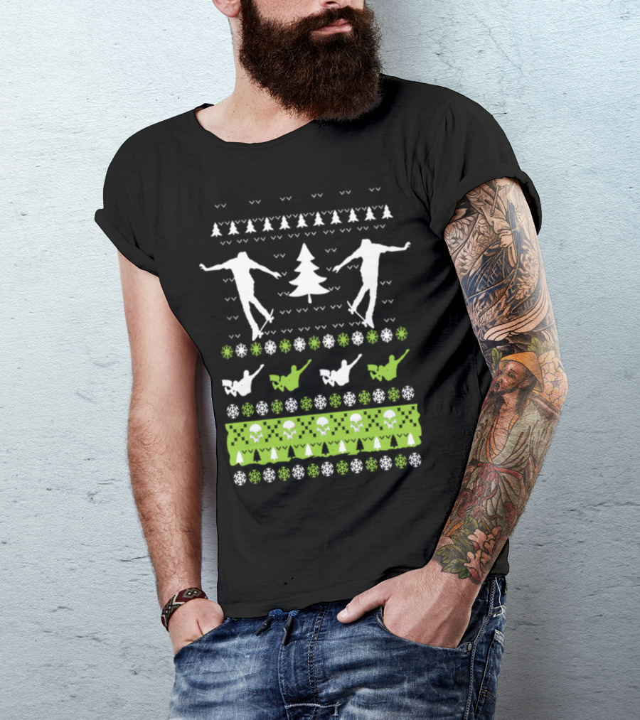 Skateboarding Holiday Sweater Snowflakes Trees T-Shirt