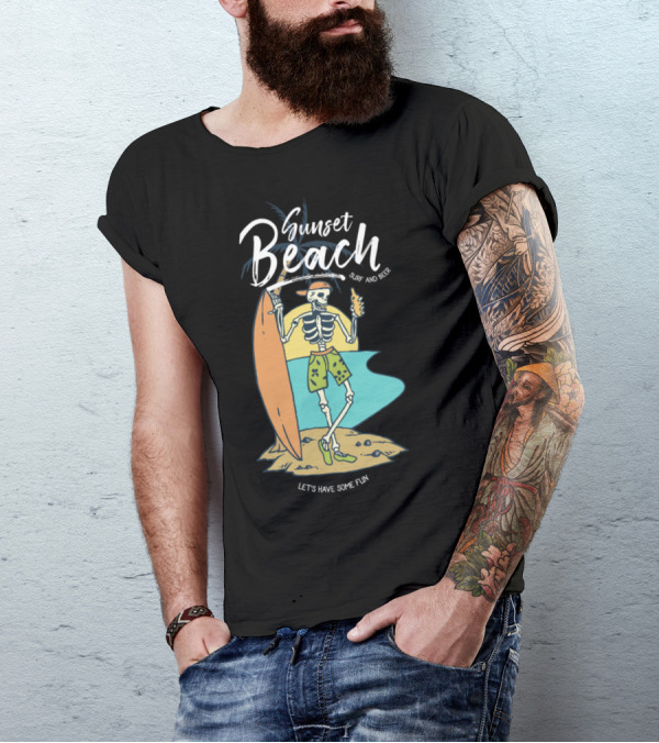 Sunset Beach Skull Surf And Beer Let's Have Some Fun T-Shirt