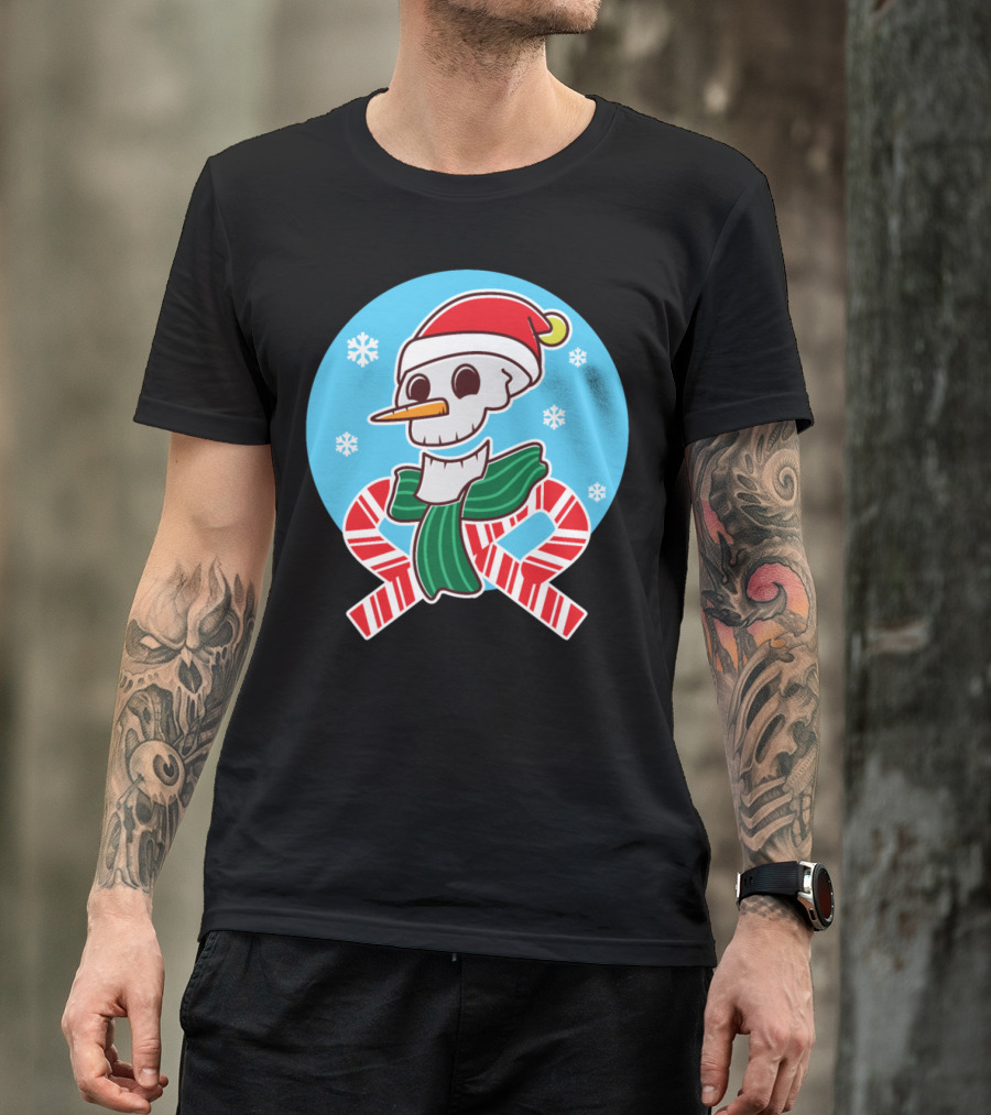 Santa Hat Skull With Candy Cane And Snowflakes T-Shirt
