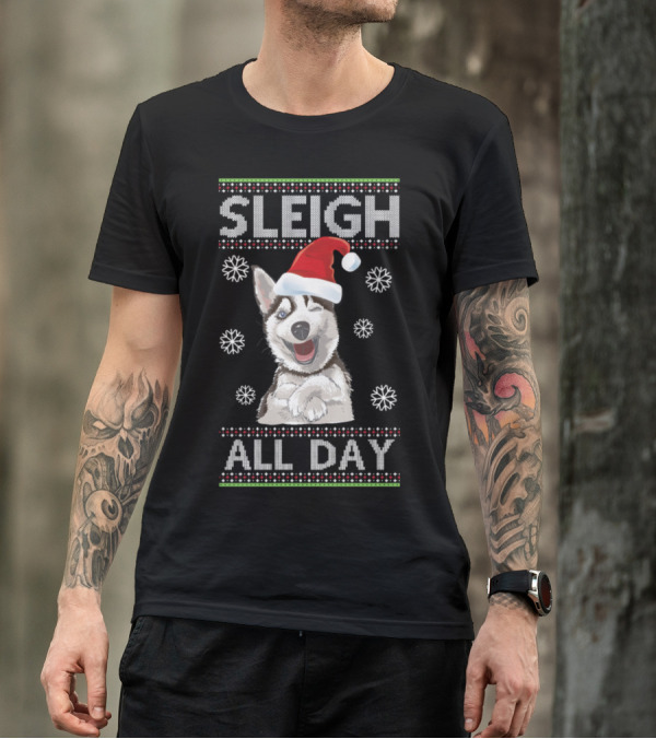 Sleigh All Day Husky Dog Santa Hat Christmas Snowflakes T-Shirt