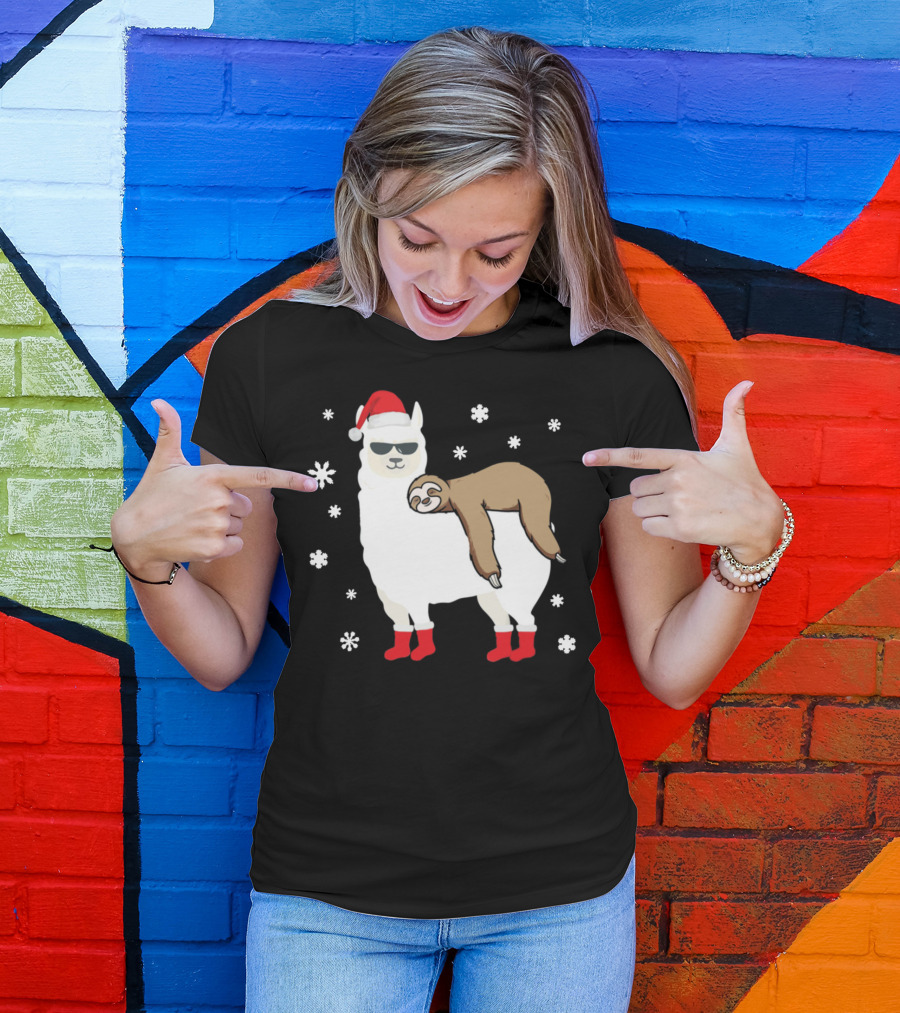 Cool Christmas Sloth On Llama With Santa Hat And Sunglasses T-Shirt