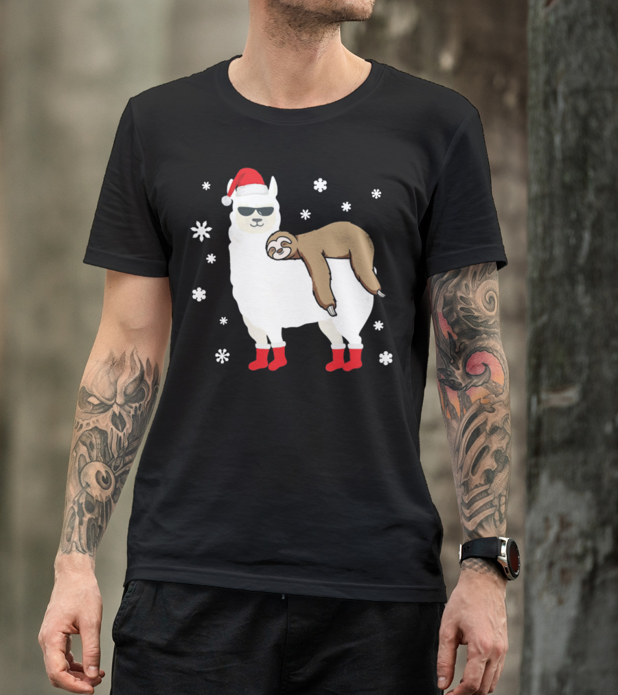 Cool Christmas Sloth On Llama With Santa Hat And Sunglasses T-Shirt