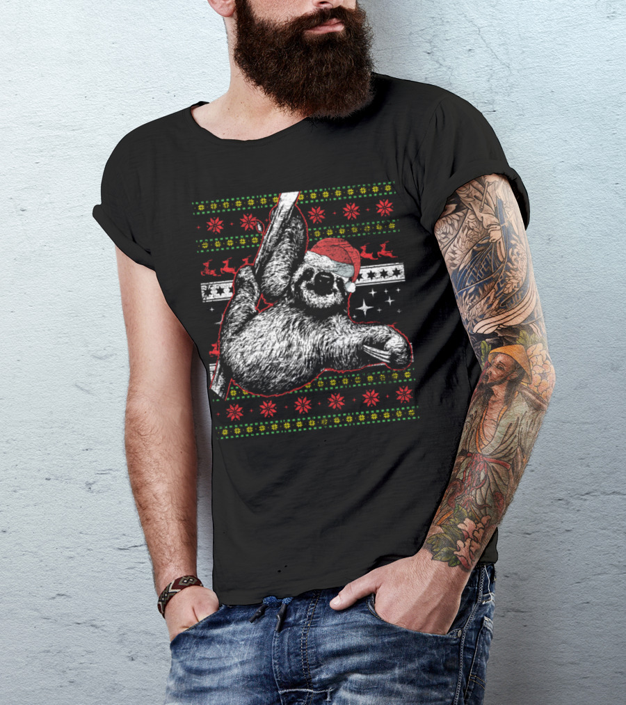 Sloth Ugly Christmas Xmas Animals Santa Hat Festive T-Shirt