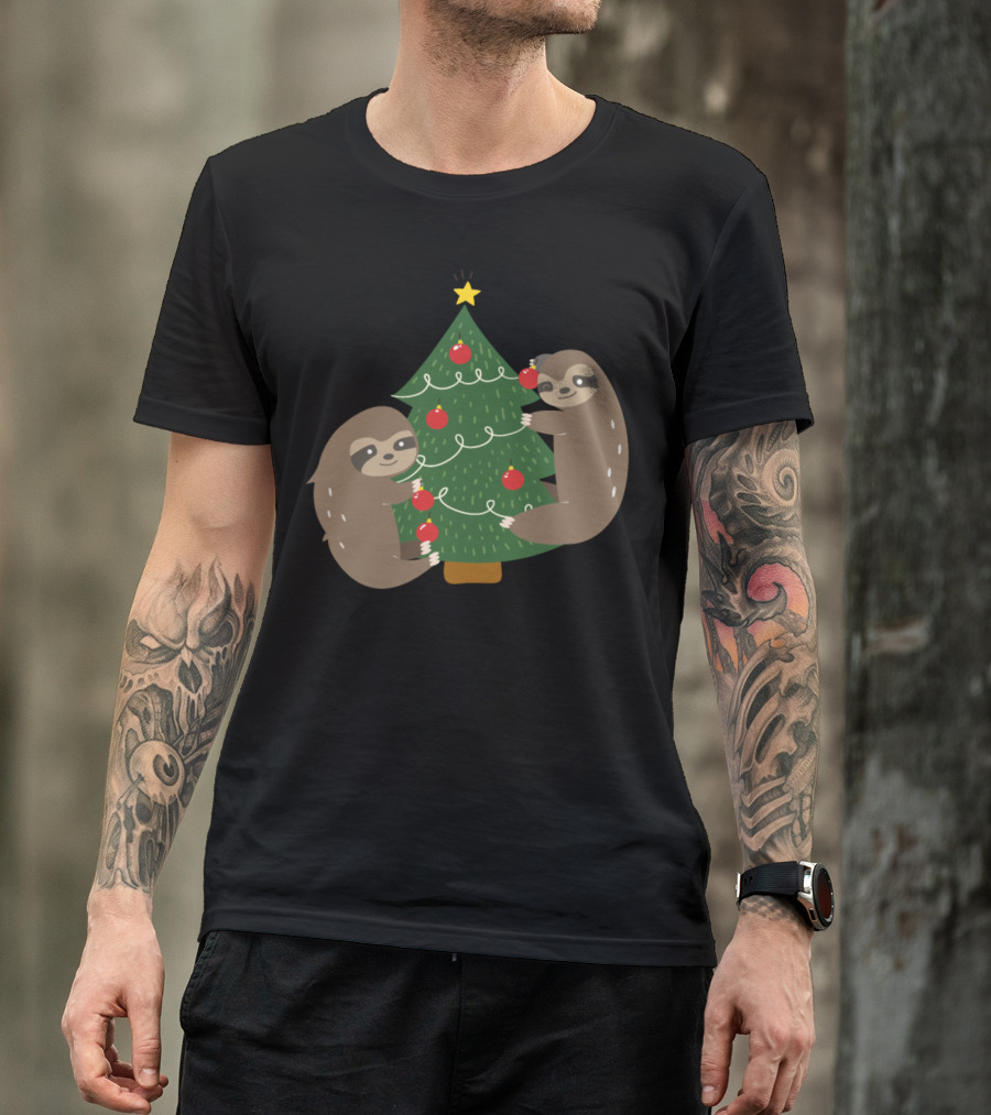Sloths Decorating Christmas Tree With Ornaments And Star T-Shirt