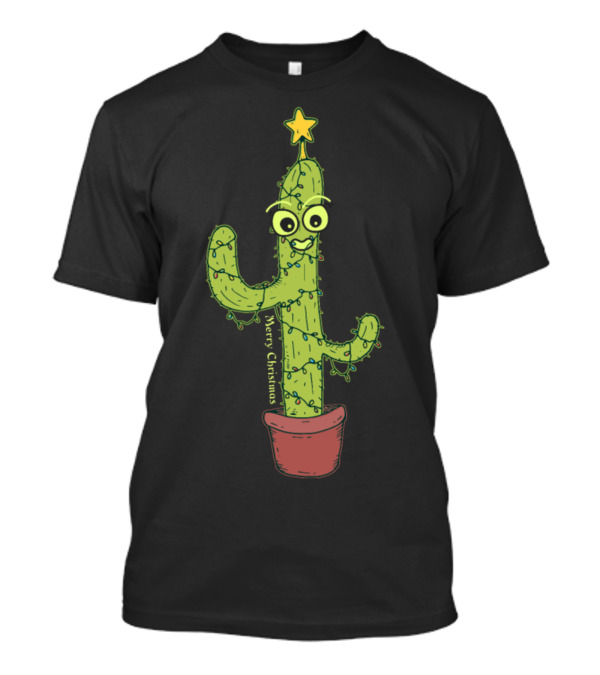 Merry Christmas Smiling Cactus With Star And Lights T-Shirt