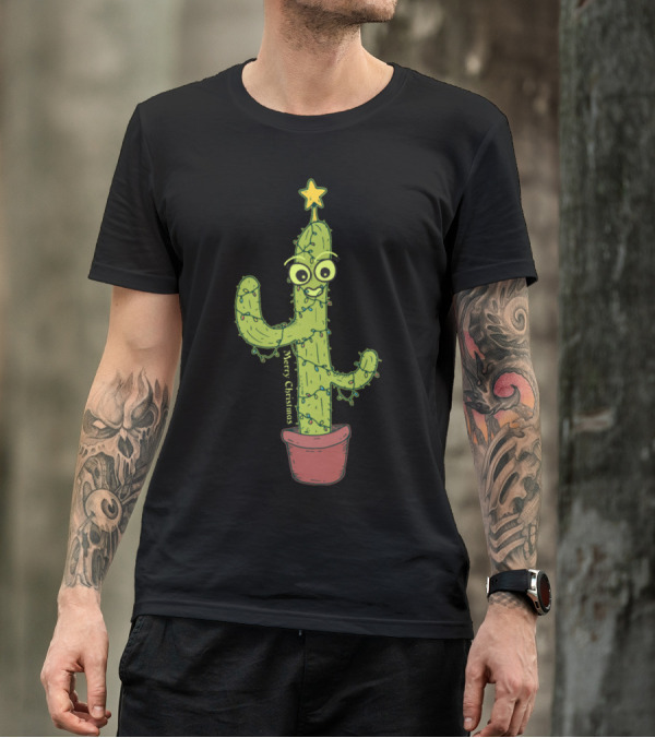 Merry Christmas Smiling Cactus With Star And Lights T-Shirt