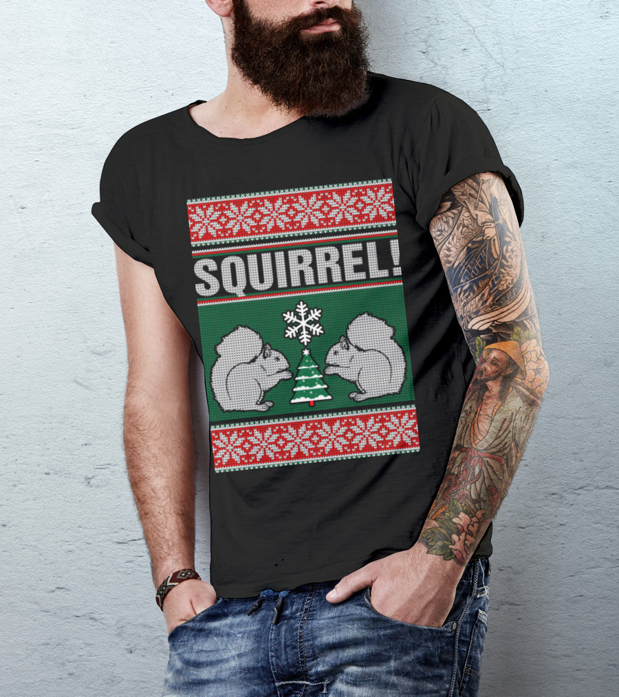 Squirrel Holiday Ugly Christmas Sweater Pattern With Snowflakes And Christmas Tree T-Shirt