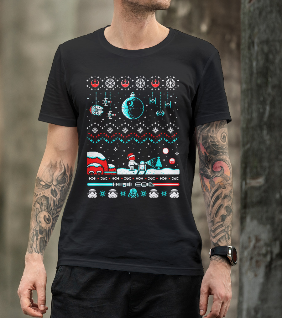 Star Wars Ugly Christmas Sweater Millennium Falcon Death Star TIE Fighter Santa Vader Stormtrooper R2-D2 C-3PO Winter Scene T-Shirt