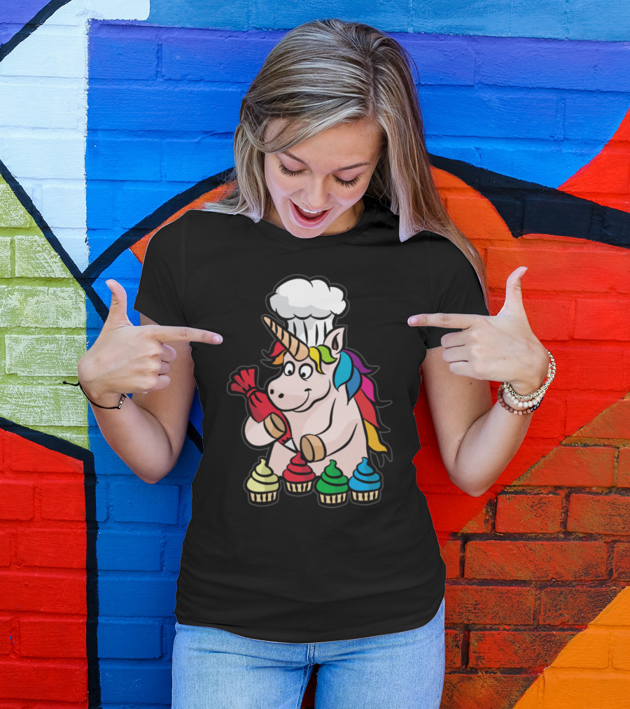 Unicorn Chef Decorating Colorful Cupcakes Baking Delight T-Shirt