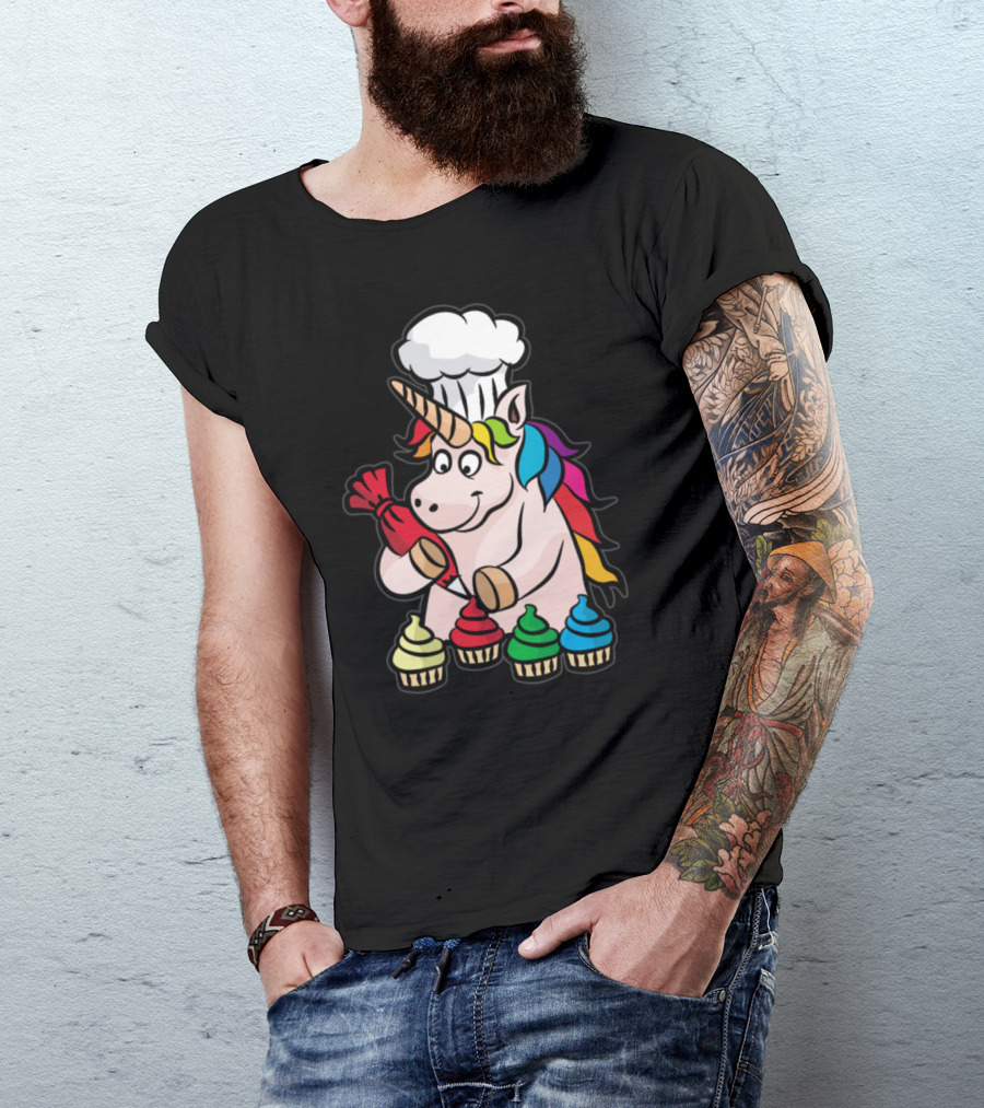 Unicorn Chef Decorating Colorful Cupcakes Baking Delight T-Shirt