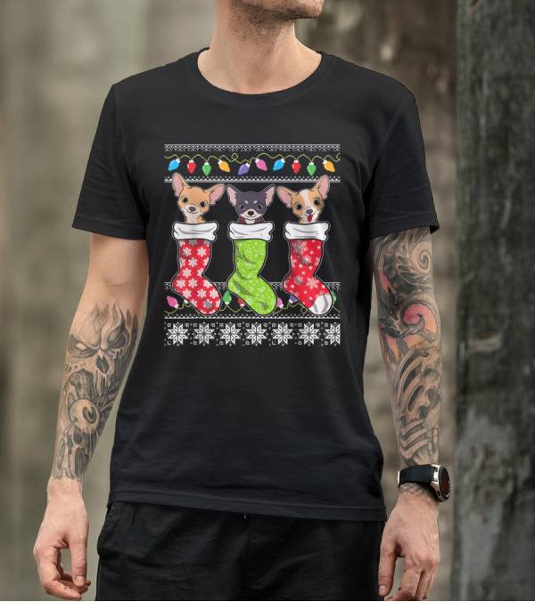 Chihuahua Christmas Socks Lights And Snowflake Pattern Holiday Do T-Shirt