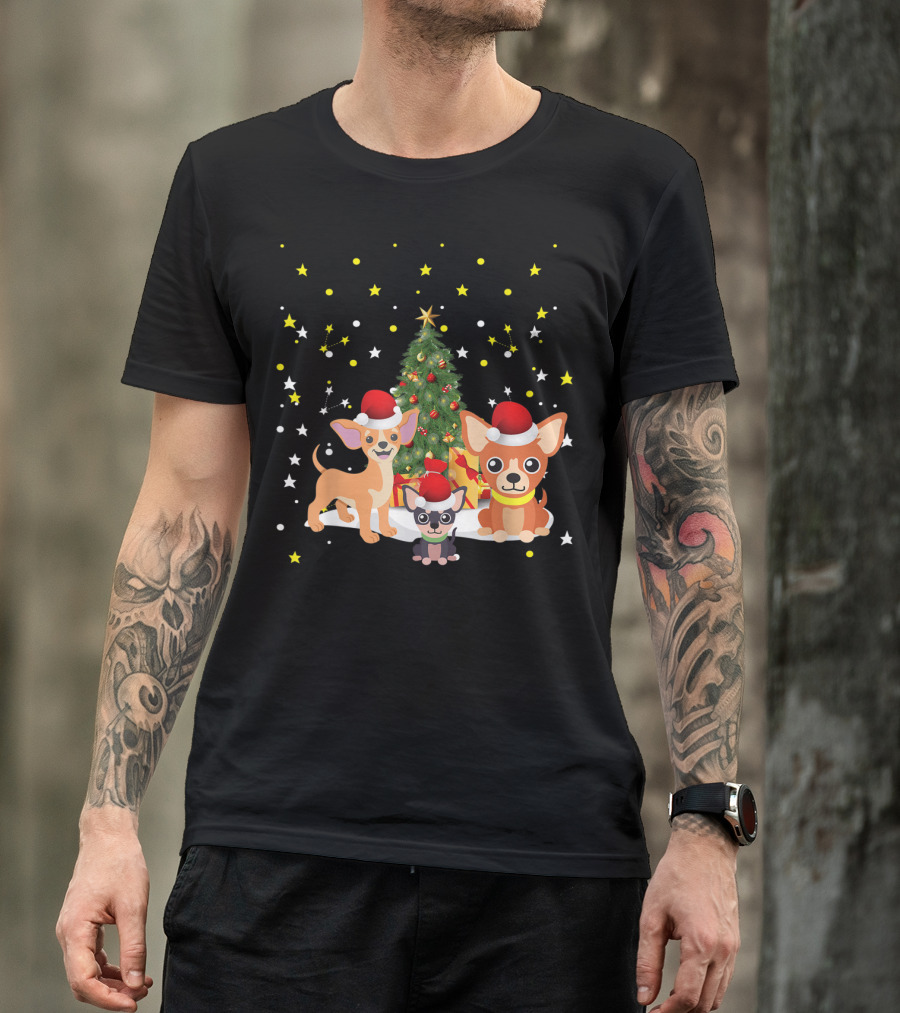 Chihuahua Santa Hats Christmas Tree Stars And Lights T-Shirt