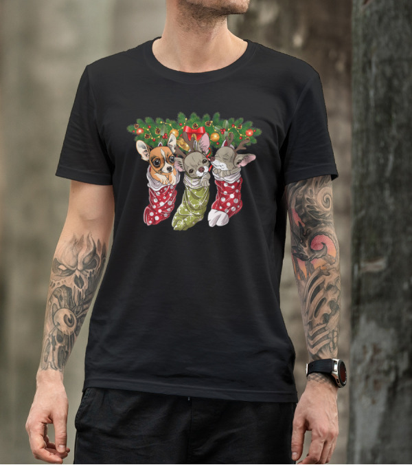 Chihuahua Christmas Socks With Red And Green Holiday Decorations T-Shirt