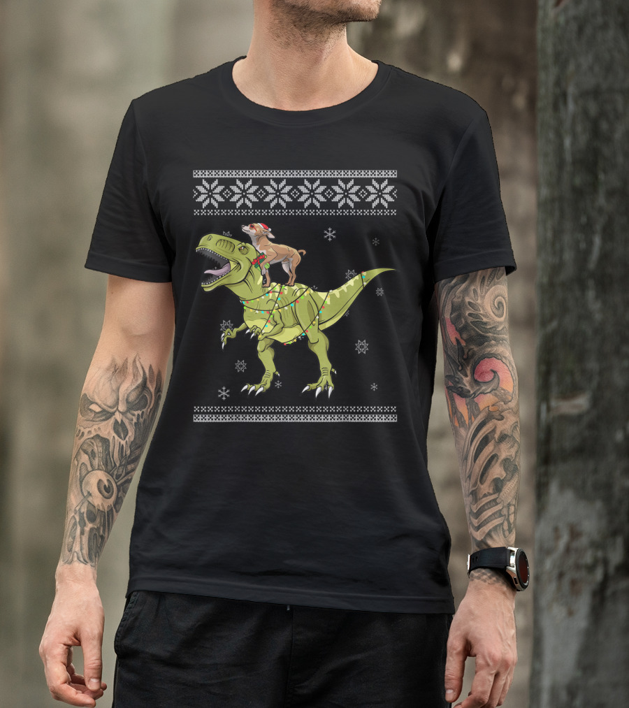 Chihuahua Santa Riding Rex Dinosaur Ugly Christmas T-Shirt