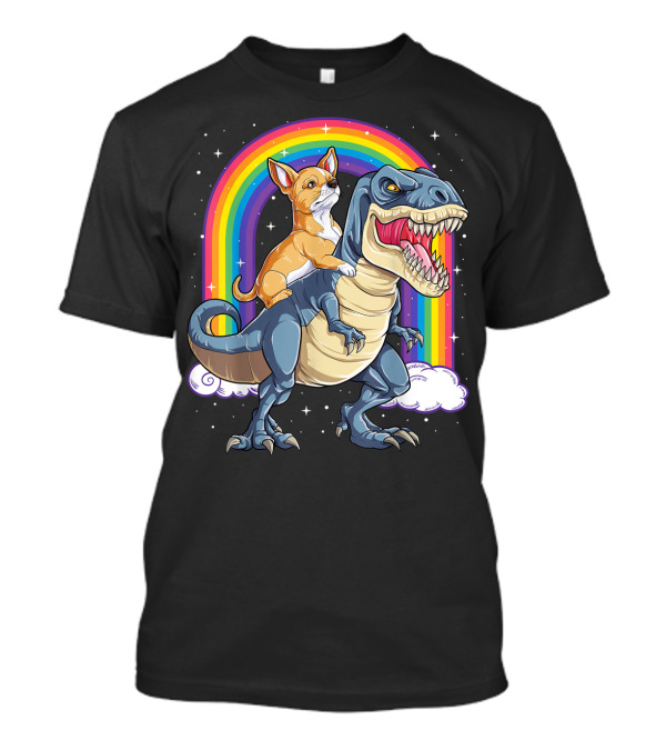 Chihuahua On Dinosaur Rex With Rainbow And Stars T-Shirt