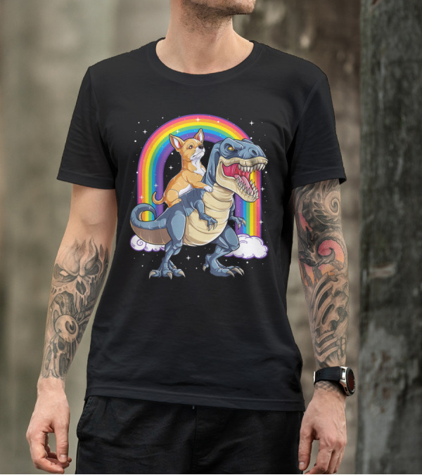 Chihuahua On Dinosaur Rex With Rainbow And Stars T-Shirt