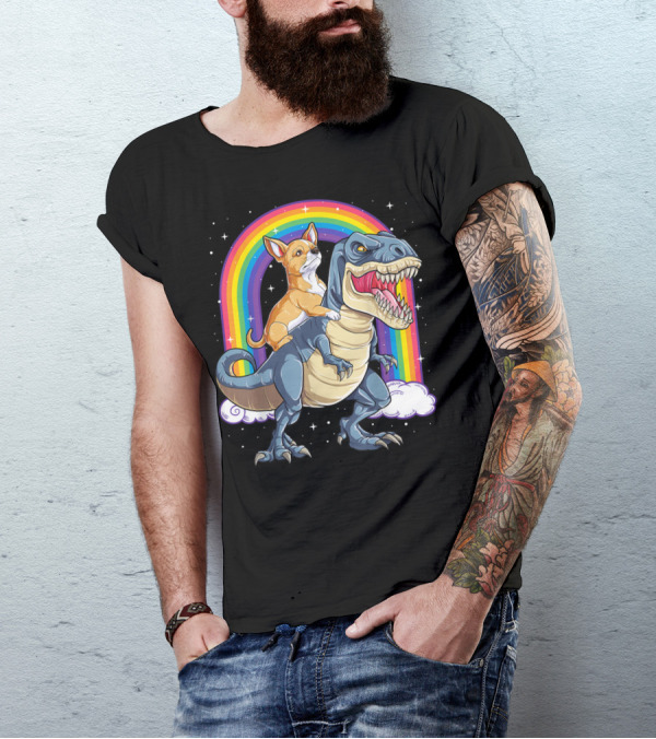 Chihuahua On Dinosaur Rex With Rainbow And Stars T-Shirt