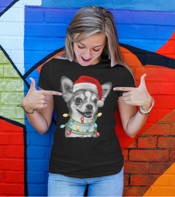 Chihuahua Santa Claus With Christmas Tree Lights T-Shirt