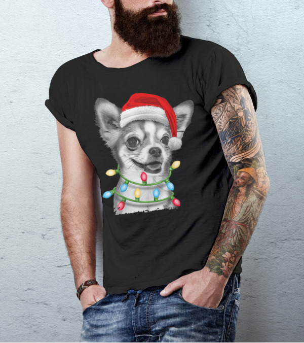 Chihuahua Santa Claus With Christmas Tree Lights T-Shirt