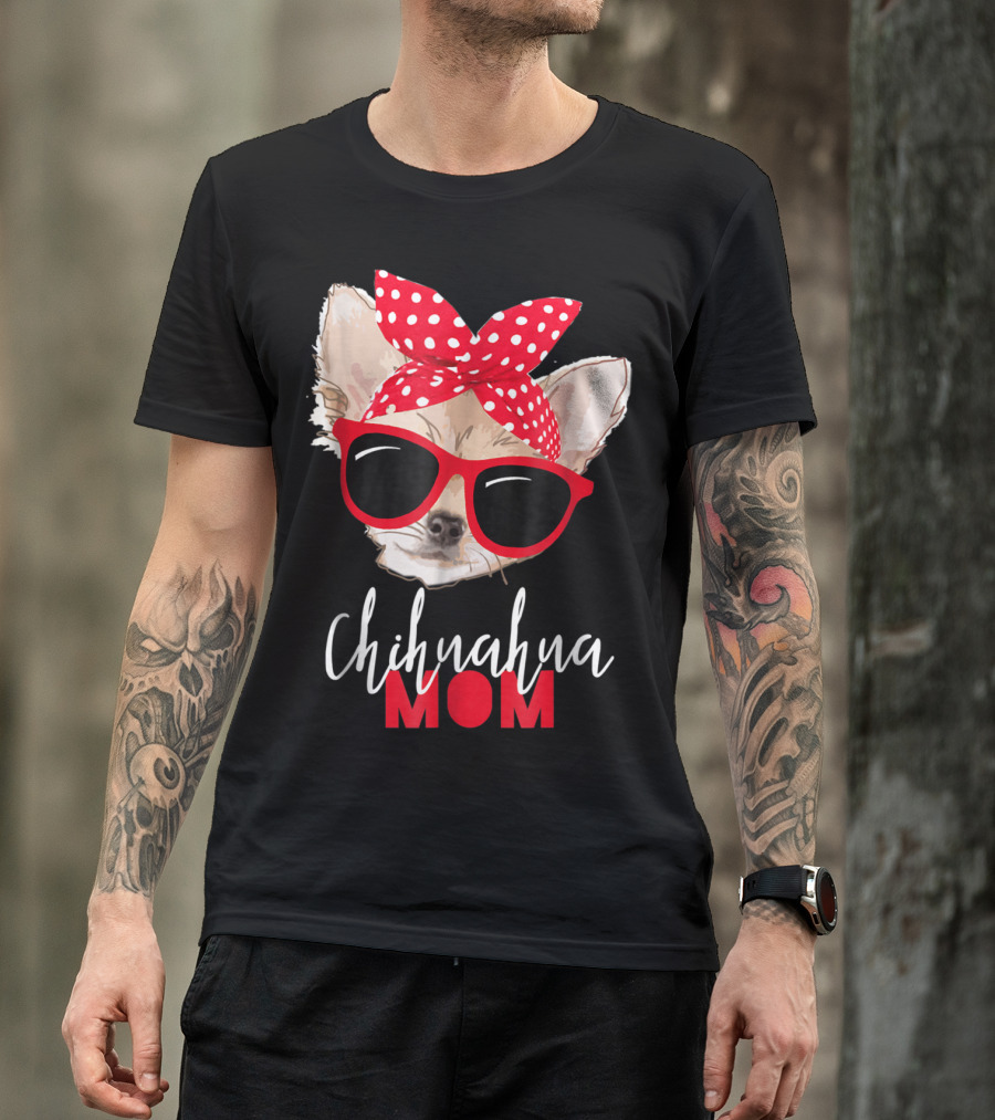 Chihuahua Mom Red Sunglasses Dog Polka Dot Headband T-Shirt
