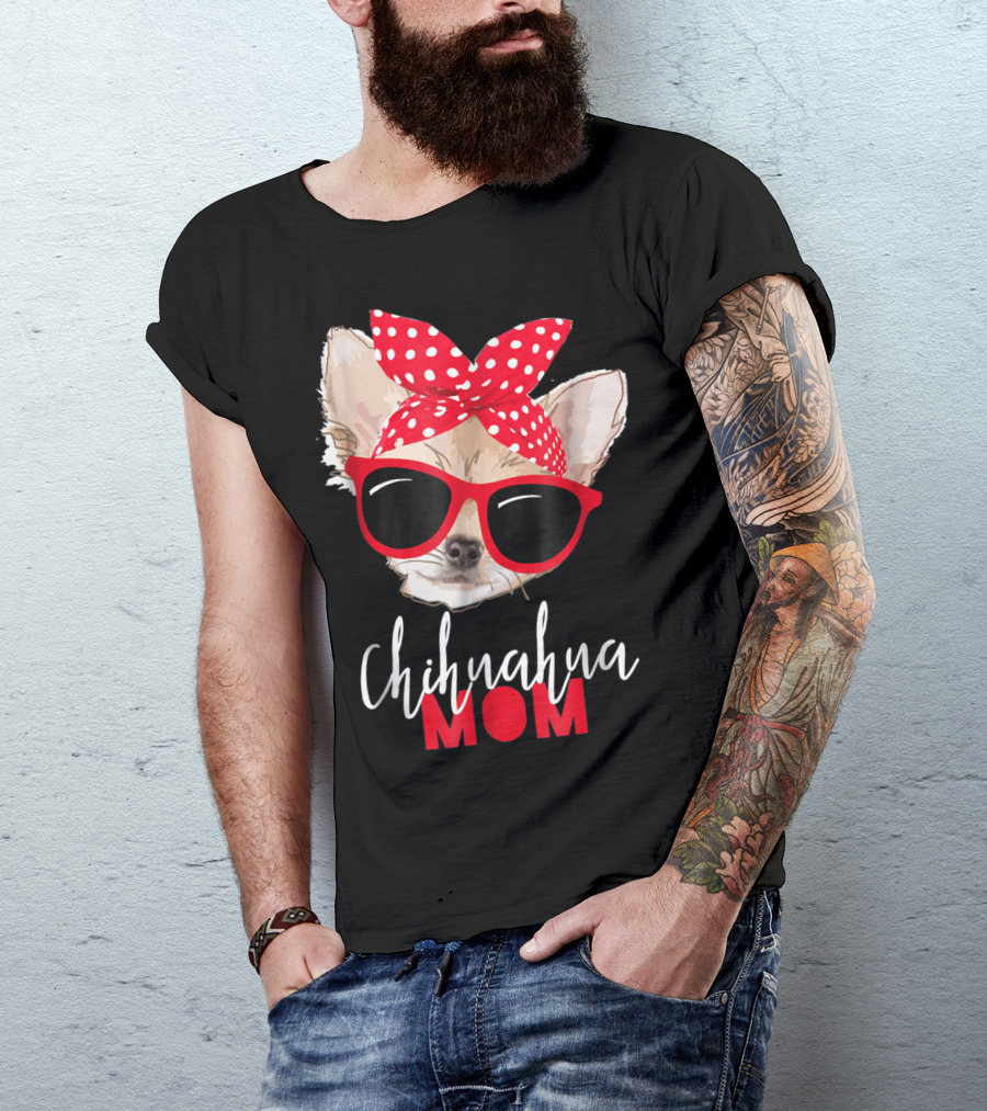 Chihuahua Mom Red Sunglasses Dog Polka Dot Headband T-Shirt